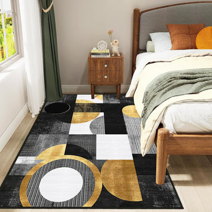 Boho Area Rug for Living Room Abstract Geometric 3x5 Yellow Rug Modern Golden Circles Rugs Non Slip Low Pile Machine Washable Floor Carpet for Indoor Bedroom Kitchen Dining Room Office