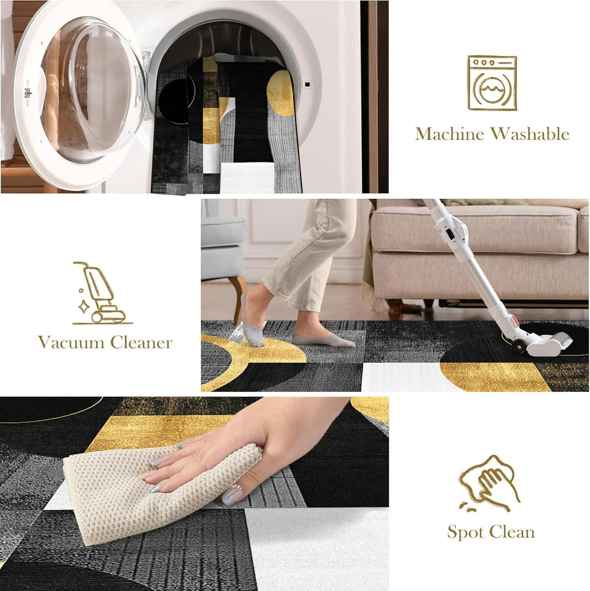 Boho Area Rug for Living Room Abstract Geometric 3x5 Yellow Rug Modern Golden Circles Rugs Non Slip Low Pile Machine Washable Floor Carpet for Indoor Bedroom Kitchen Dining Room Office
