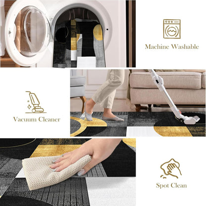 Boho Area Rug for Living Room Abstract Geometric 3x5 Yellow Rug Modern Golden Circles Rugs Non Slip Low Pile Machine Washable Floor Carpet for Indoor Bedroom Kitchen Dining Room Office