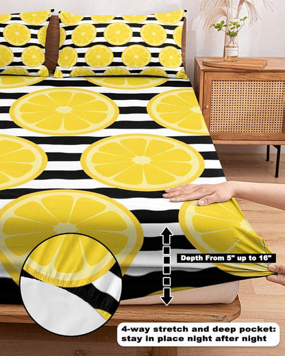 Twin XL Fitted Sheet, Farmhouses Country Yellow Lemon Soft Brushed Microfiber Deep Pocket Bed Sheets Set, Black White Stripes Breathable Bottom Sheets with Pillowcase,Fits Mattress Up to 16"