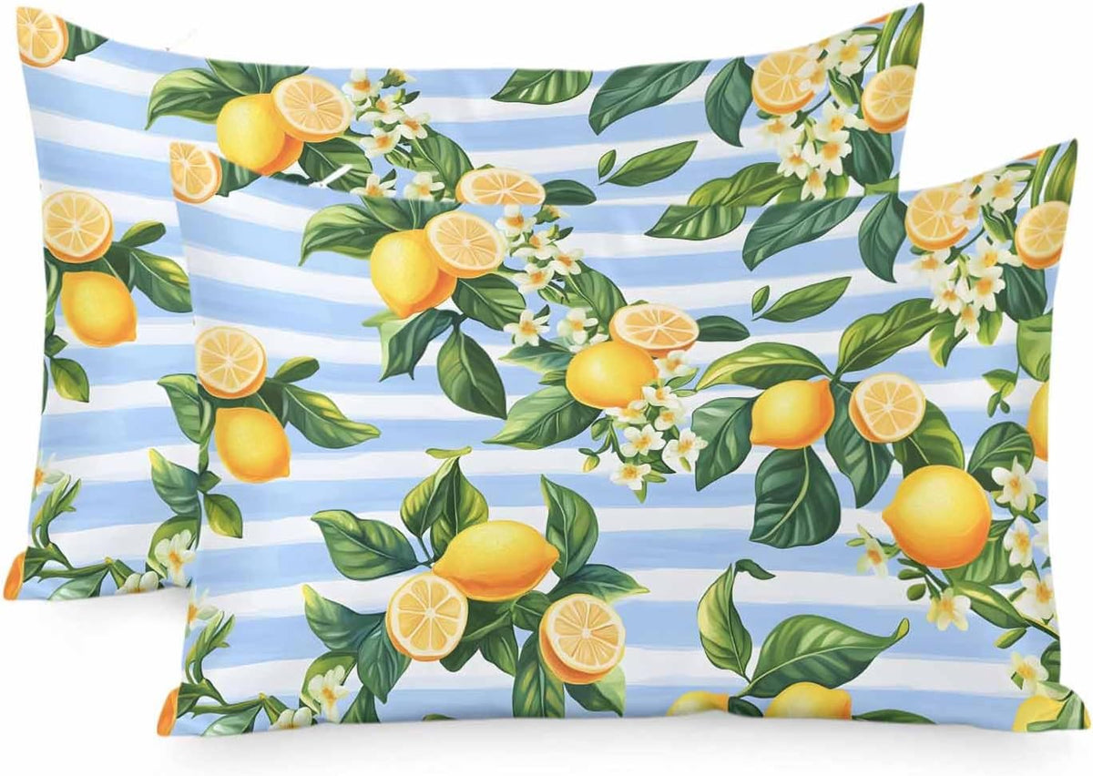Pastoral Lemon Standard Pillowcase Set of 2, Yellow Blue Flowers Stripes Satin Pillow Case Cover with Smooth Hidden Zipper Closure, Soft Throw Pillow Covers Cases for Home Decoration 20 X 26 Inches
