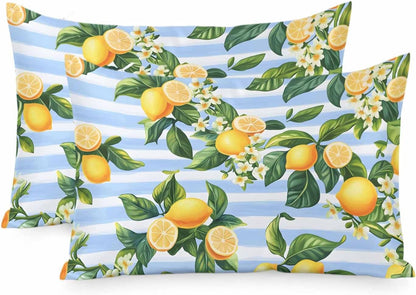 Pastoral Lemon Standard Pillowcase Set of 2, Yellow Blue Flowers Stripes Satin Pillow Case Cover with Smooth Hidden Zipper Closure, Soft Throw Pillow Covers Cases for Home Decoration 20 X 26 Inches