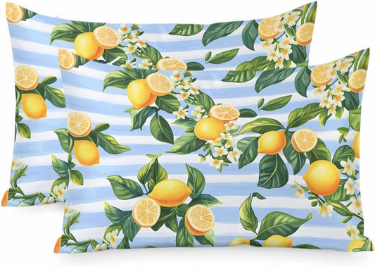 Pastoral Lemon Standard Pillowcase Set of 2, Yellow Blue Flowers Stripes Satin Pillow Case Cover with Smooth Hidden Zipper Closure, Soft Throw Pillow Covers Cases for Home Decoration 20 X 26 Inches