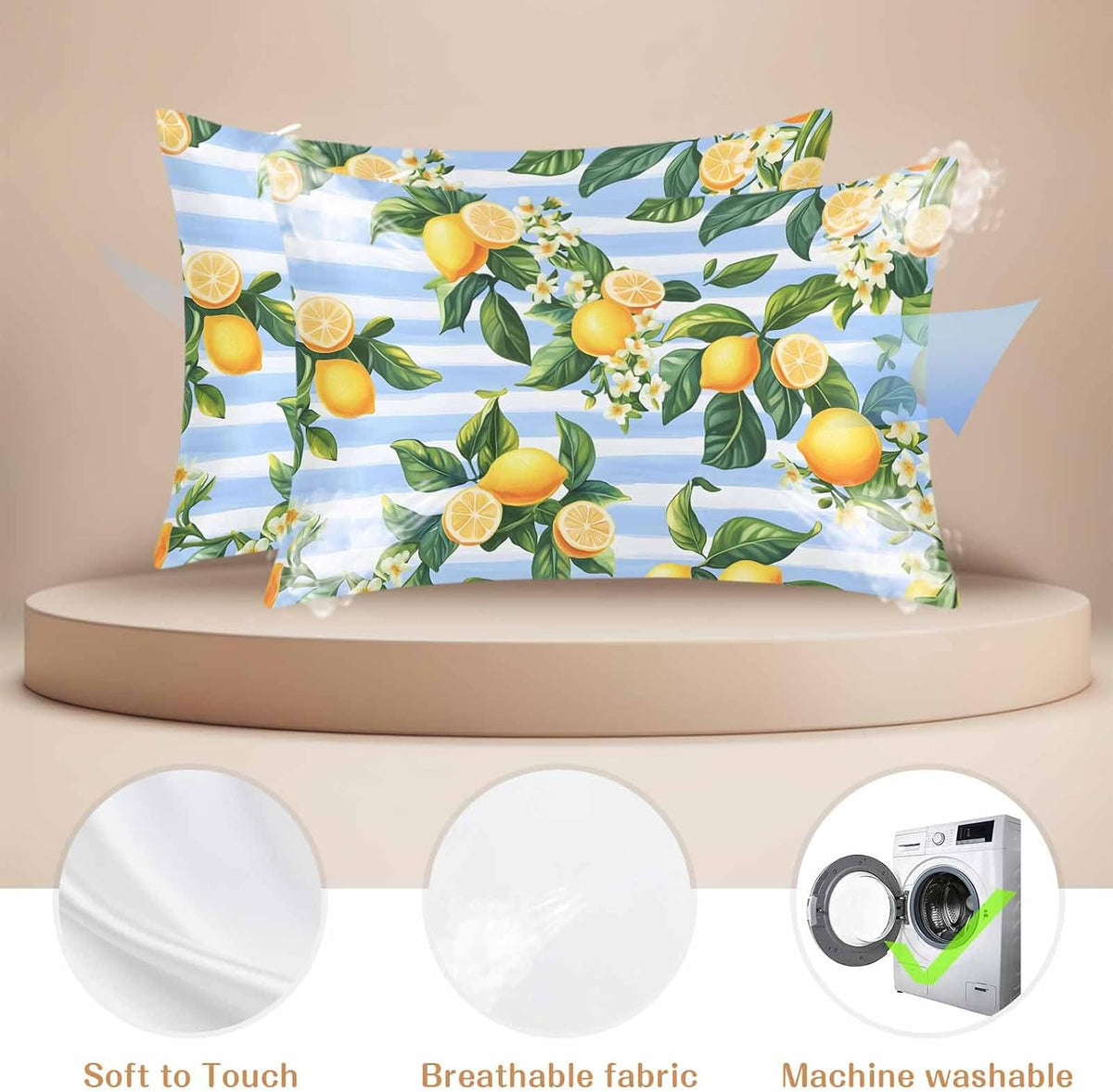 Pastoral Lemon Standard Pillowcase Set of 2, Yellow Blue Flowers Stripes Satin Pillow Case Cover with Smooth Hidden Zipper Closure, Soft Throw Pillow Covers Cases for Home Decoration 20 X 26 Inches