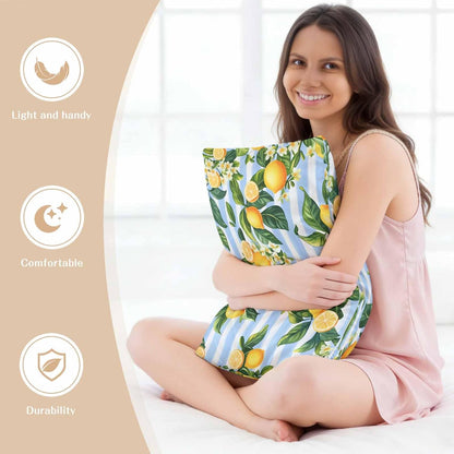 Pastoral Lemon Standard Pillowcase Set of 2, Yellow Blue Flowers Stripes Satin Pillow Case Cover with Smooth Hidden Zipper Closure, Soft Throw Pillow Covers Cases for Home Decoration 20 X 26 Inches