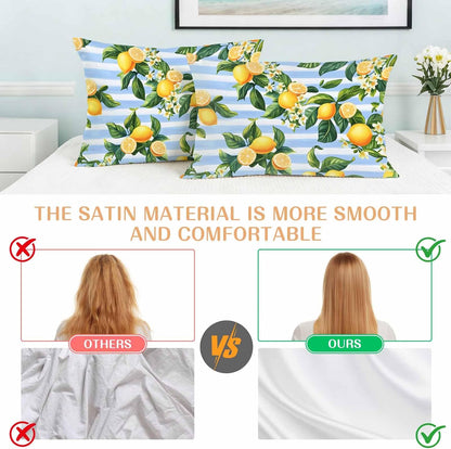 Pastoral Lemon Standard Pillowcase Set of 2, Yellow Blue Flowers Stripes Satin Pillow Case Cover with Smooth Hidden Zipper Closure, Soft Throw Pillow Covers Cases for Home Decoration 20 X 26 Inches