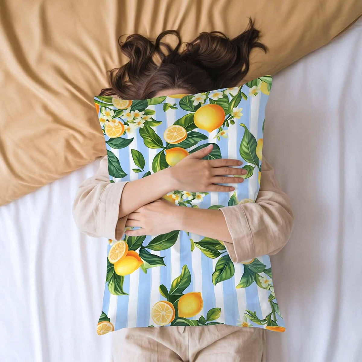 Pastoral Lemon Standard Pillowcase Set of 2, Yellow Blue Flowers Stripes Satin Pillow Case Cover with Smooth Hidden Zipper Closure, Soft Throw Pillow Covers Cases for Home Decoration 20 X 26 Inches