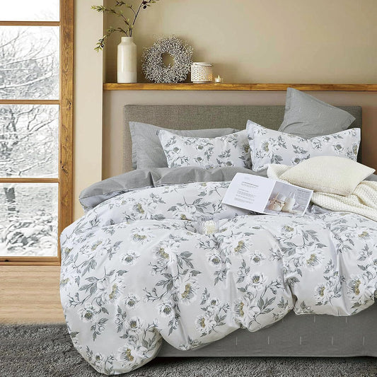 LEMIROE Floral Cotton Comforter Queen Size - Light Grey Comforter Printed with Vintage Ivory Flowers & Dark Yellow Stamens,Reversible Lightweight Bedding Sets 3Pcs(90"×90")