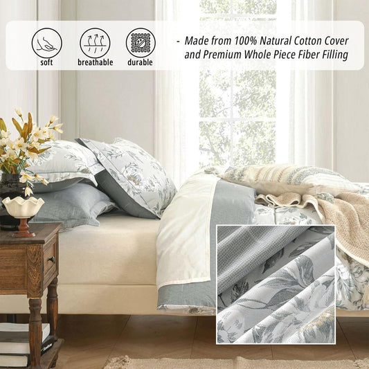 LEMIROE Floral Cotton Comforter Queen Size - Light Grey Comforter Printed with Vintage Ivory Flowers & Dark Yellow Stamens,Reversible Lightweight Bedding Sets 3Pcs(90"×90")