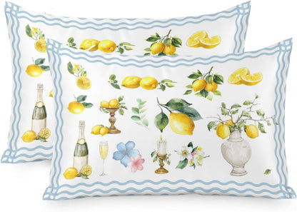 Satin Pillowcases Standard Size, Boho Lemons Silk Pillow Cases for Hair and Skin with Zipper 2 Pack, Summer Yellow Fruits Flowers Leaf Blue Stripe Smooth Throw Pillow Covers for Sleeping, 20"x26"