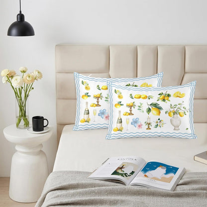 Satin Pillowcases Standard Size, Boho Lemons Silk Pillow Cases for Hair and Skin with Zipper 2 Pack, Summer Yellow Fruits Flowers Leaf Blue Stripe Smooth Throw Pillow Covers for Sleeping, 20"x26"
