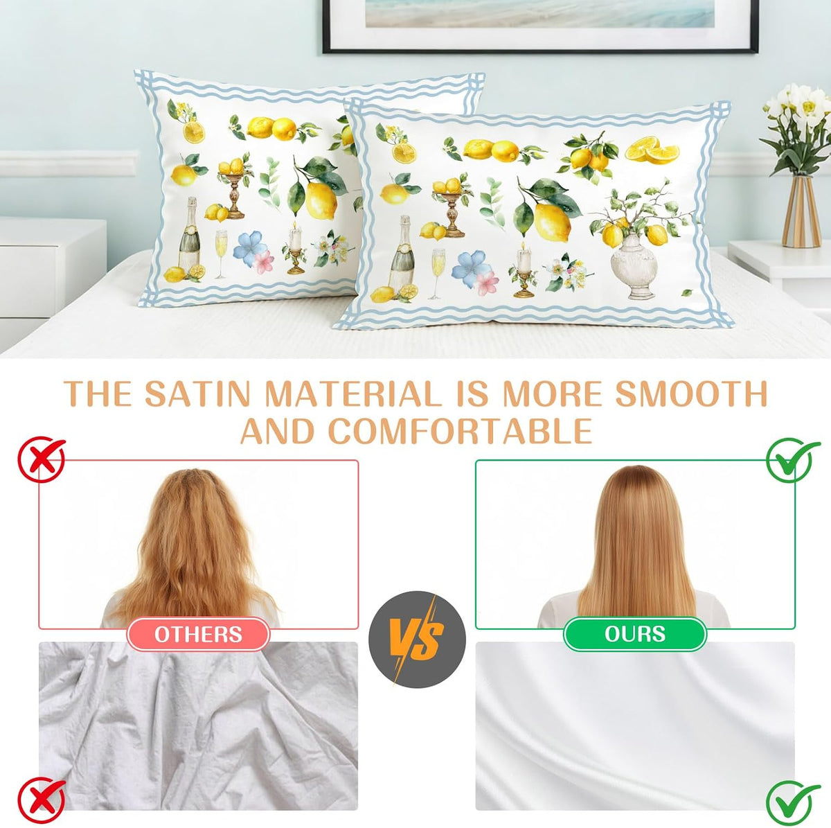 Satin Pillowcases Standard Size, Boho Lemons Silk Pillow Cases for Hair and Skin with Zipper 2 Pack, Summer Yellow Fruits Flowers Leaf Blue Stripe Smooth Throw Pillow Covers for Sleeping, 20"x26"