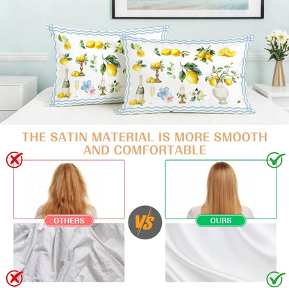 Satin Pillowcases Standard Size, Boho Lemons Silk Pillow Cases for Hair and Skin with Zipper 2 Pack, Summer Yellow Fruits Flowers Leaf Blue Stripe Smooth Throw Pillow Covers for Sleeping, 20"x26"