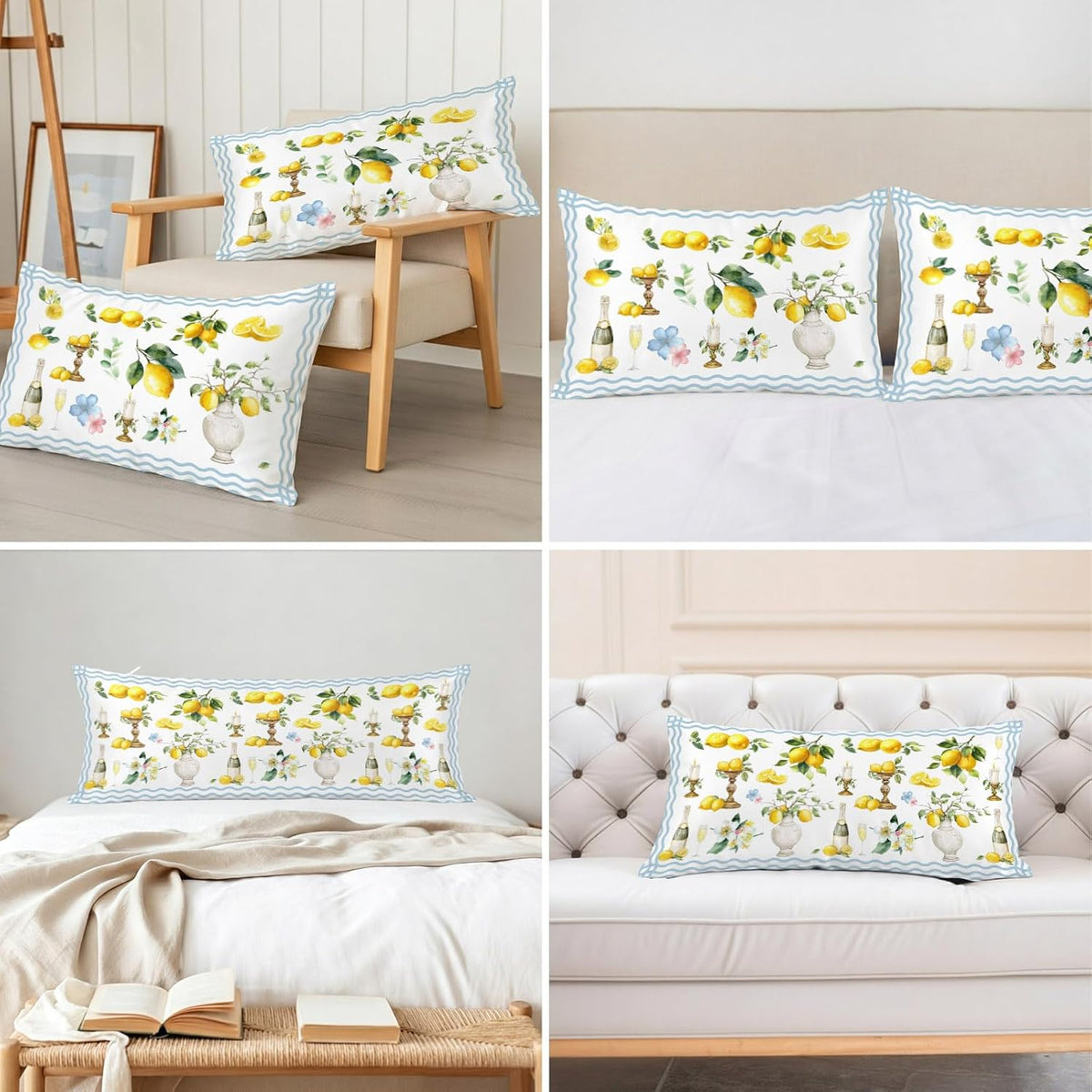 Satin Pillowcases Standard Size, Boho Lemons Silk Pillow Cases for Hair and Skin with Zipper 2 Pack, Summer Yellow Fruits Flowers Leaf Blue Stripe Smooth Throw Pillow Covers for Sleeping, 20"x26"