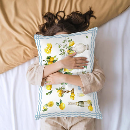 Satin Pillowcases Standard Size, Boho Lemons Silk Pillow Cases for Hair and Skin with Zipper 2 Pack, Summer Yellow Fruits Flowers Leaf Blue Stripe Smooth Throw Pillow Covers for Sleeping, 20"x26"