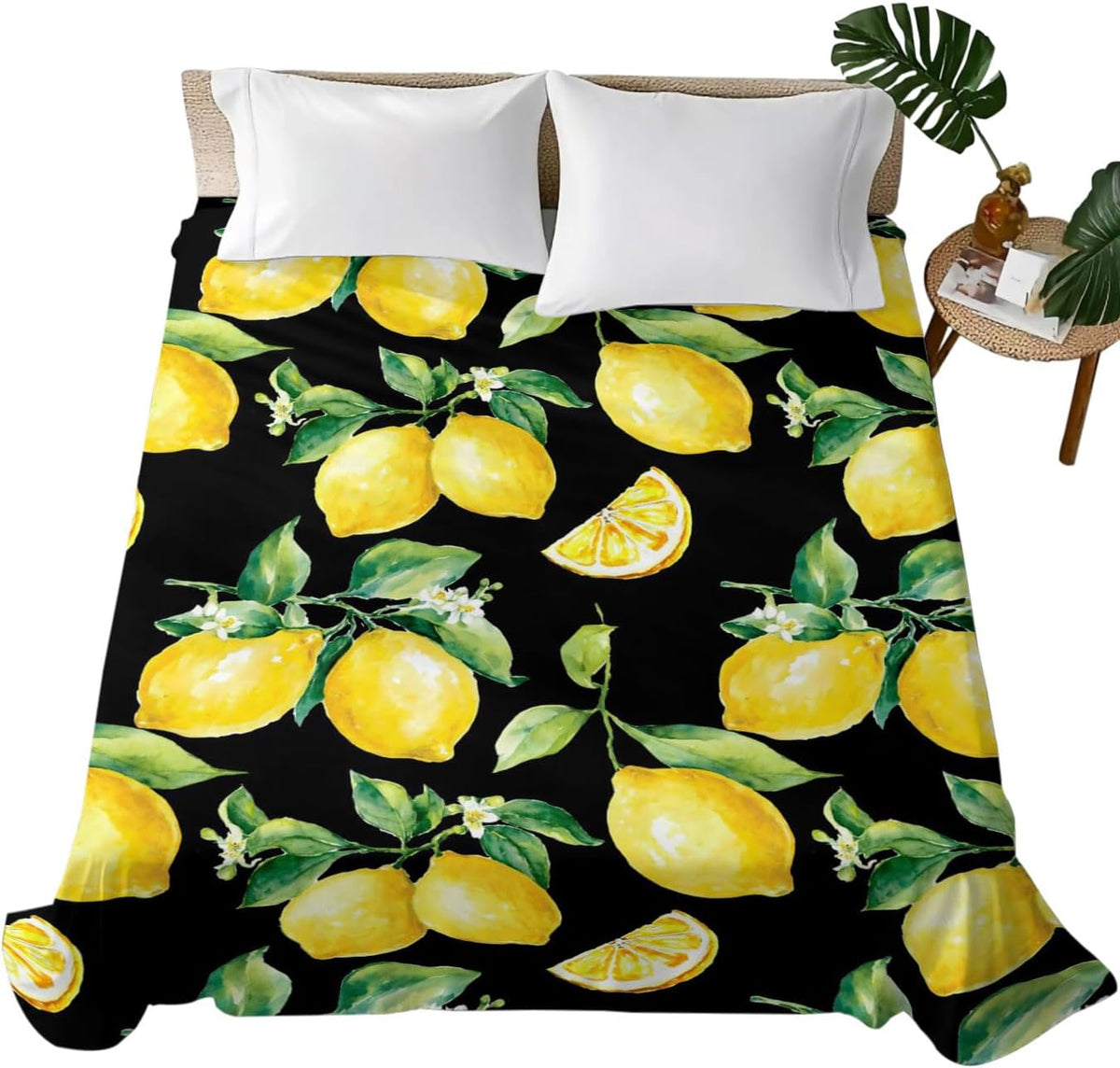 Flat Sheets Queen Size Bedding Sheet,Summer Lemon Fruit Floral Soft Microfiber Breathable Top Sheets for Bedroom Hotel Luxury-1 Bed Flat Sheet Only,Yellow on Black