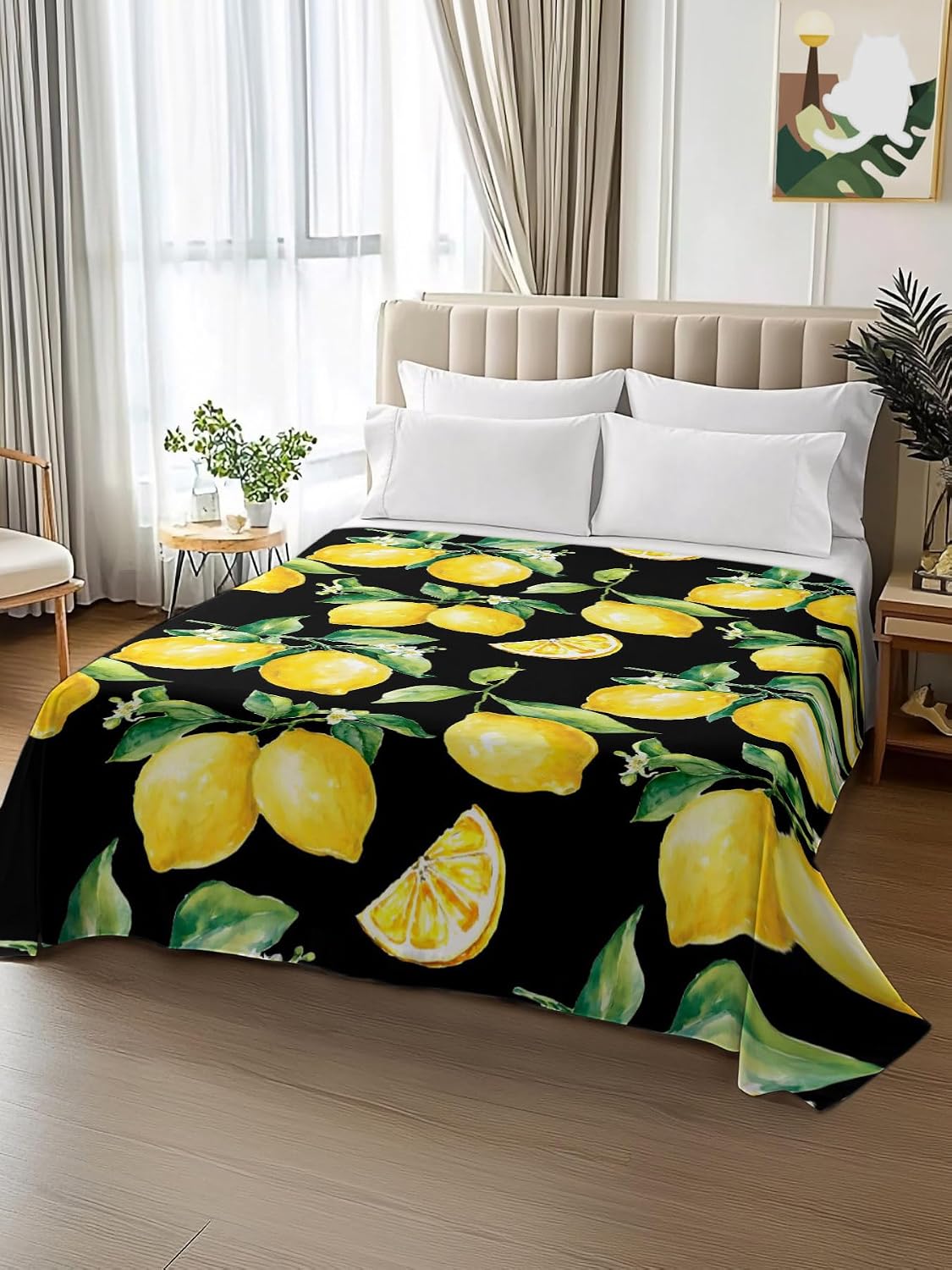 Flat Sheets Queen Size Bedding Sheet,Summer Lemon Fruit Floral Soft Microfiber Breathable Top Sheets for Bedroom Hotel Luxury-1 Bed Flat Sheet Only,Yellow on Black