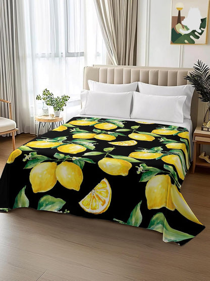 Flat Sheets Queen Size Bedding Sheet,Summer Lemon Fruit Floral Soft Microfiber Breathable Top Sheets for Bedroom Hotel Luxury-1 Bed Flat Sheet Only,Yellow on Black