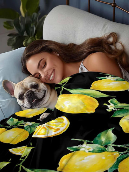 Flat Sheets Queen Size Bedding Sheet,Summer Lemon Fruit Floral Soft Microfiber Breathable Top Sheets for Bedroom Hotel Luxury-1 Bed Flat Sheet Only,Yellow on Black