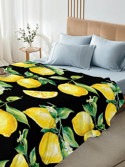 Flat Sheets Queen Size Bedding Sheet,Summer Lemon Fruit Floral Soft Microfiber Breathable Top Sheets for Bedroom Hotel Luxury-1 Bed Flat Sheet Only,Yellow on Black