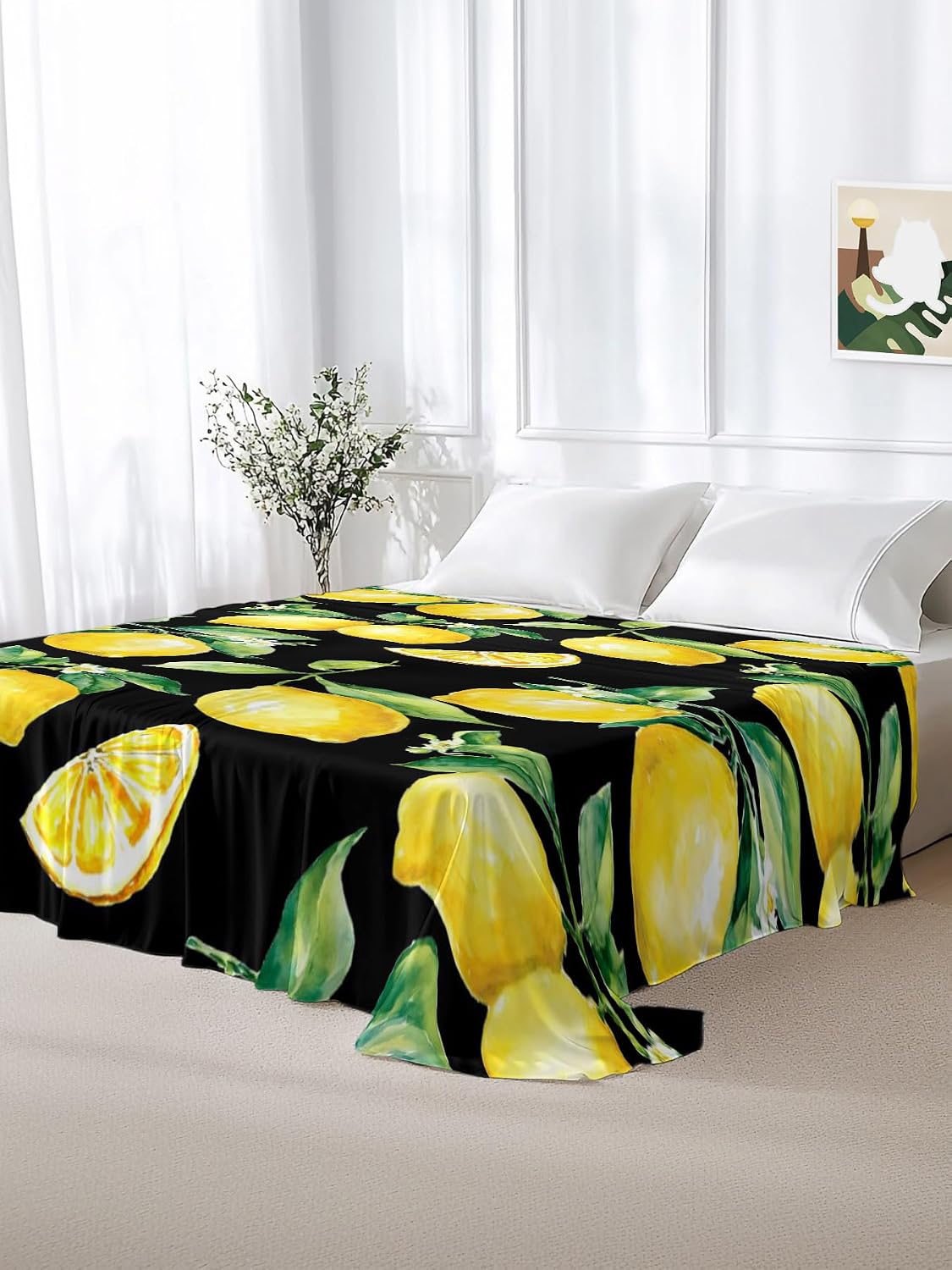 Flat Sheets Queen Size Bedding Sheet,Summer Lemon Fruit Floral Soft Microfiber Breathable Top Sheets for Bedroom Hotel Luxury-1 Bed Flat Sheet Only,Yellow on Black