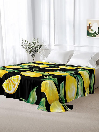Flat Sheets Queen Size Bedding Sheet,Summer Lemon Fruit Floral Soft Microfiber Breathable Top Sheets for Bedroom Hotel Luxury-1 Bed Flat Sheet Only,Yellow on Black