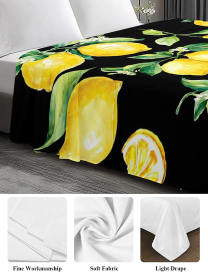 Flat Sheets Queen Size Bedding Sheet,Summer Lemon Fruit Floral Soft Microfiber Breathable Top Sheets for Bedroom Hotel Luxury-1 Bed Flat Sheet Only,Yellow on Black
