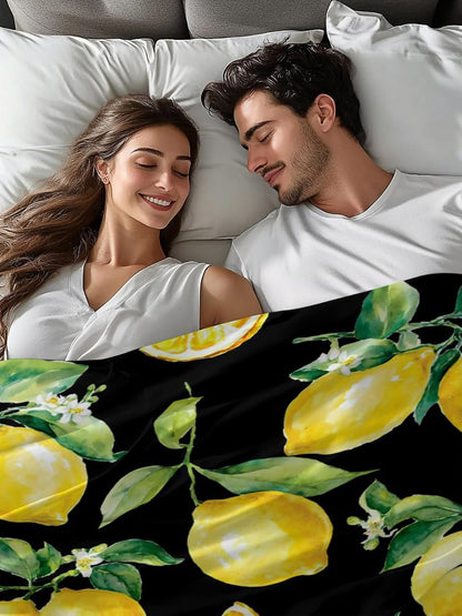 Flat Sheets Queen Size Bedding Sheet,Summer Lemon Fruit Floral Soft Microfiber Breathable Top Sheets for Bedroom Hotel Luxury-1 Bed Flat Sheet Only,Yellow on Black