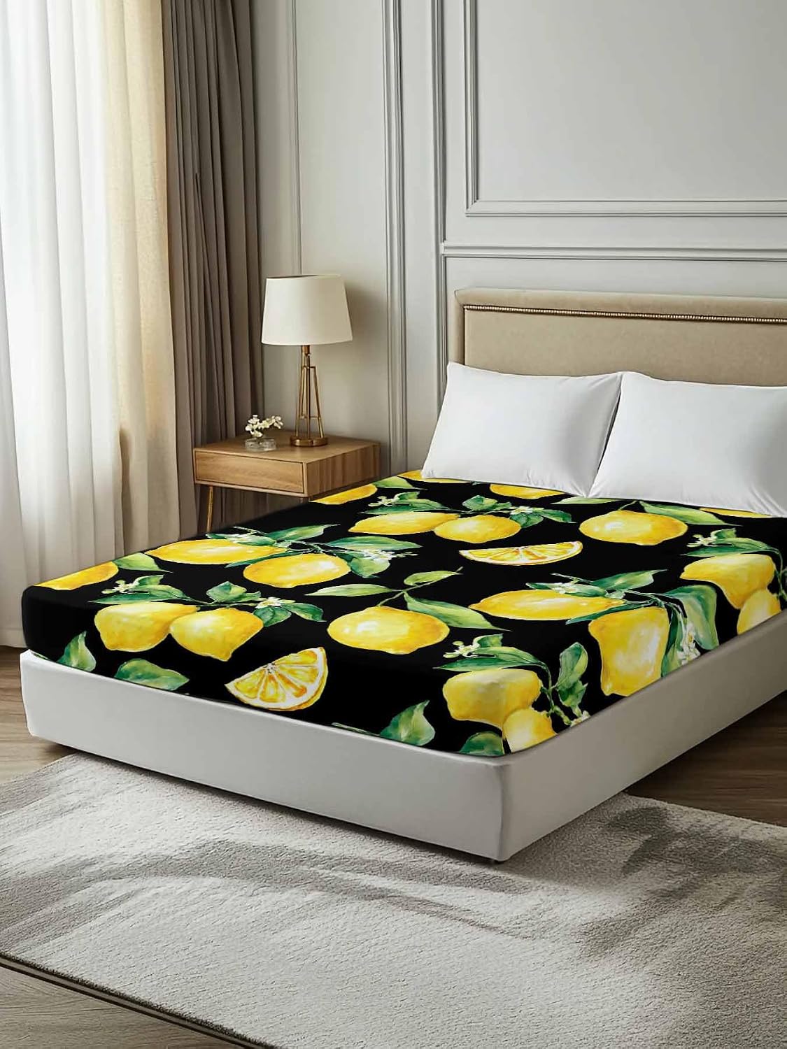 Flat Sheets Queen Size Bedding Sheet,Summer Lemon Fruit Floral Soft Microfiber Breathable Top Sheets for Bedroom Hotel Luxury-1 Bed Flat Sheet Only,Yellow on Black