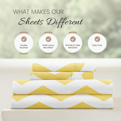 Double-Brushed Patterned Microfiber Full Sheet Set 4 Piece – Oeko-TEX Certified Ultra Soft & Wrinkle-Free - 16" Deep Pocket Sheets - Easy Care Full Size - Arrow Yellow