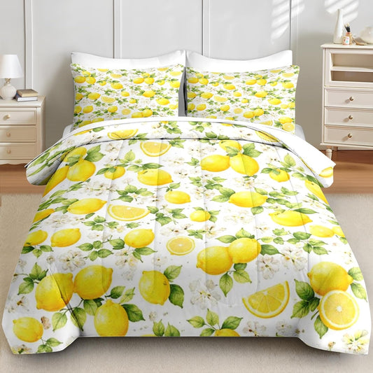 Queen Comforter Set, 7 Pieces Lemon Floral Bedding Set