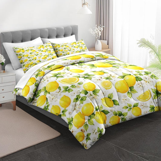 Queen Comforter Set, 7 Pieces Lemon Floral Bedding Set