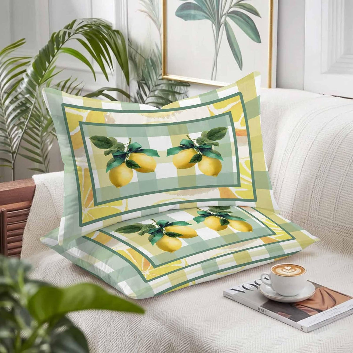 Pillow Cases Standard Size Set of 2, Lemon Breathable Microfiber Pillow Covers with Envelope Closure, Botanical Fruit Leaves Bow Yellow Green Striped Luxurious Bed Pillowcases, 20x26 Inch