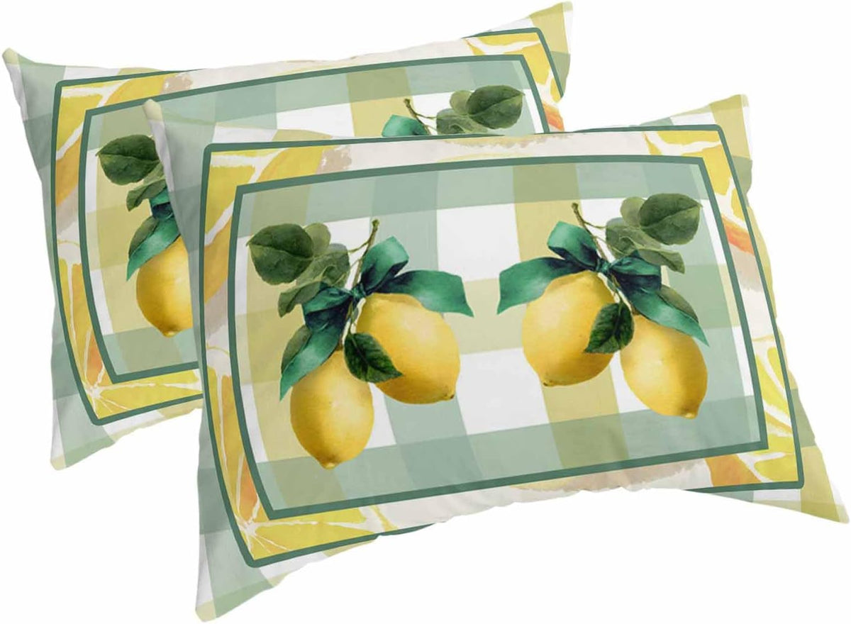 Pillow Cases Standard Size Set of 2, Lemon Breathable Microfiber Pillow Covers with Envelope Closure, Botanical Fruit Leaves Bow Yellow Green Striped Luxurious Bed Pillowcases, 20x26 Inch