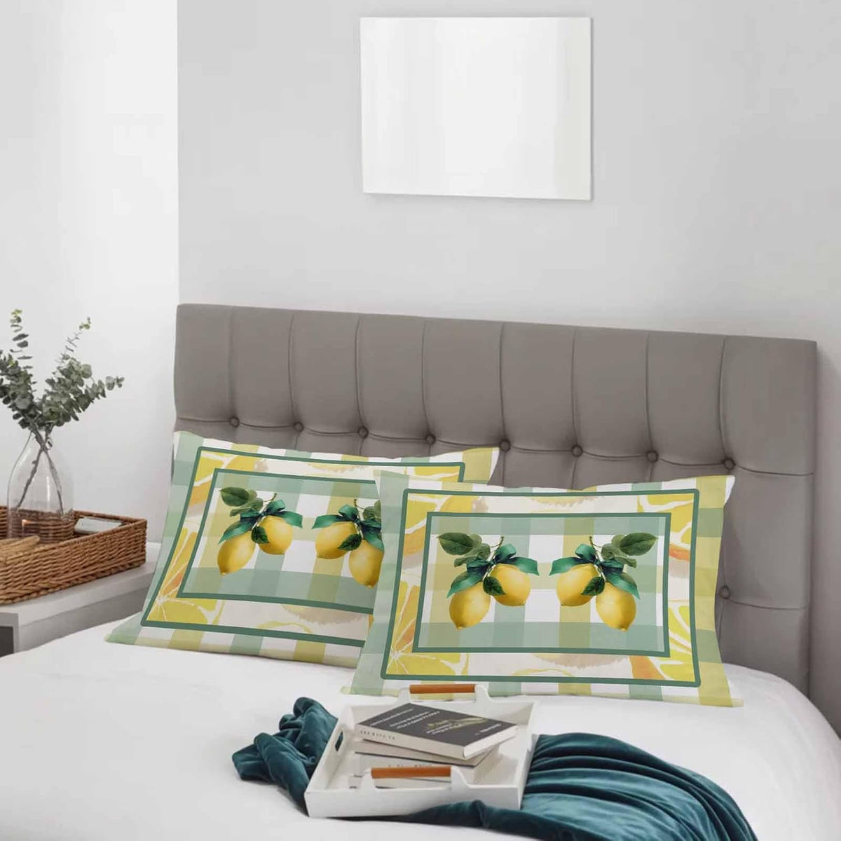 Pillow Cases Standard Size Set of 2, Lemon Breathable Microfiber Pillow Covers with Envelope Closure, Botanical Fruit Leaves Bow Yellow Green Striped Luxurious Bed Pillowcases, 20x26 Inch