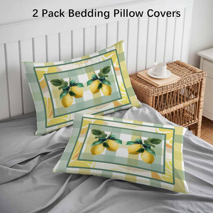 Pillow Cases Standard Size Set of 2, Lemon Breathable Microfiber Pillow Covers with Envelope Closure, Botanical Fruit Leaves Bow Yellow Green Striped Luxurious Bed Pillowcases, 20x26 Inch