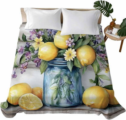 Flat Sheet, 1 Piece Top Sheet Twin Size Yellow Lemon Purple Floral Soft Breathable Bed Sheet Wood Grain Brushed Microfiber Bed Sheet, Wrinkle Resistant, Fade Resistant Bedding