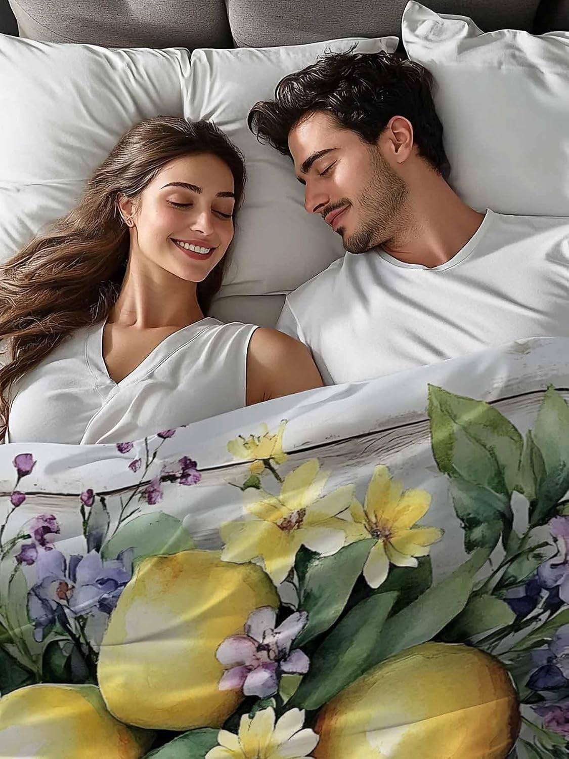Flat Sheet, 1 Piece Top Sheet Twin Size Yellow Lemon Purple Floral Soft Breathable Bed Sheet Wood Grain Brushed Microfiber Bed Sheet, Wrinkle Resistant, Fade Resistant Bedding