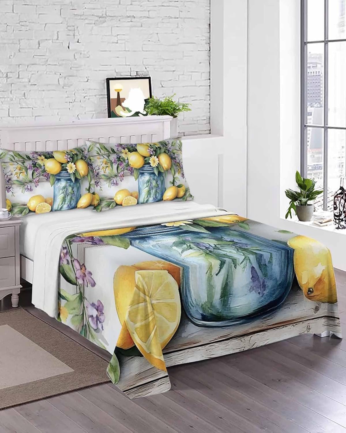 Flat Sheet, 1 Piece Top Sheet Twin Size Yellow Lemon Purple Floral Soft Breathable Bed Sheet Wood Grain Brushed Microfiber Bed Sheet, Wrinkle Resistant, Fade Resistant Bedding