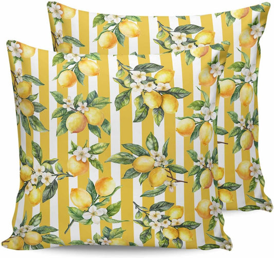Watercolor Lemon 2PCS Throw Pillow Covers for Couch Sofa Bed, Yellow Flower Stripe Pillow Covers 16x16 inch, Standard Pillowcases Set Decorative Cushion Covers for Living Room Bedroom