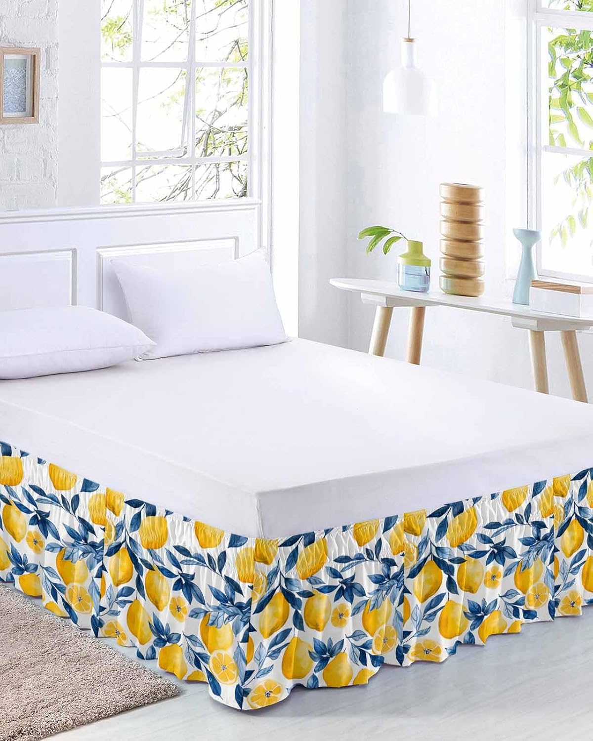 Lemon Bed Skirt Queen Size 16 Inch Drop, Adjustable Elastic Wrap Around Bed Skirts Easy Fitting Dust Ruffle Bedskirt Bed Frame Cover Watercolor Blue Yellow Branch Summer Spring