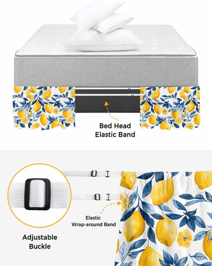 Lemon Bed Skirt Queen Size 16 Inch Drop, Adjustable Elastic Wrap Around Bed Skirts Easy Fitting Dust Ruffle Bedskirt Bed Frame Cover Watercolor Blue Yellow Branch Summer Spring