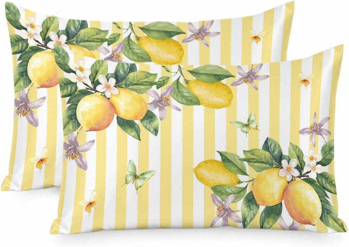 Lemon Standard Pillowcase Set of 2, Butterfly Flower Yellow Stripes Satin Pillow Case Cover with Smooth Hidden Zipper Closure, Soft Throw Pillow Covers Cases for Home Decoration 20 X 26 Inches
