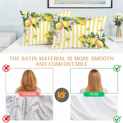 Lemon Standard Pillowcase Set of 2, Butterfly Flower Yellow Stripes Satin Pillow Case Cover with Smooth Hidden Zipper Closure, Soft Throw Pillow Covers Cases for Home Decoration 20 X 26 Inches