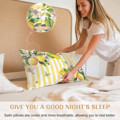 Lemon Standard Pillowcase Set of 2, Butterfly Flower Yellow Stripes Satin Pillow Case Cover with Smooth Hidden Zipper Closure, Soft Throw Pillow Covers Cases for Home Decoration 20 X 26 Inches