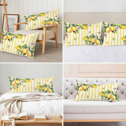 Lemon Standard Pillowcase Set of 2, Butterfly Flower Yellow Stripes Satin Pillow Case Cover with Smooth Hidden Zipper Closure, Soft Throw Pillow Covers Cases for Home Decoration 20 X 26 Inches