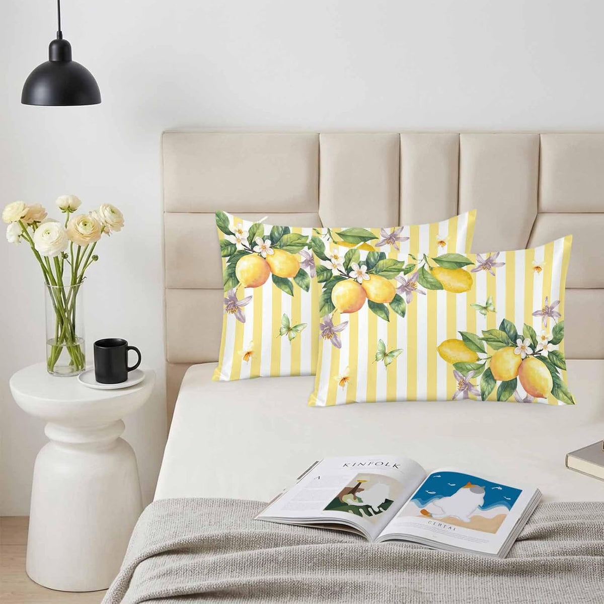 Lemon Standard Pillowcase Set of 2, Butterfly Flower Yellow Stripes Satin Pillow Case Cover with Smooth Hidden Zipper Closure, Soft Throw Pillow Covers Cases for Home Decoration 20 X 26 Inches