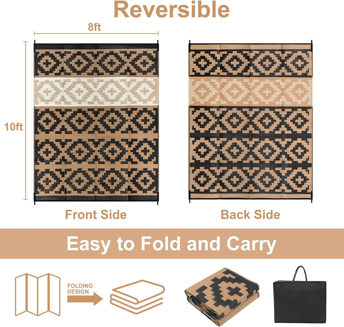 Outdoor Rugs 8x10 for Patios Clearance, Reversible Plastic Straw Outside Rug, Large Outdoor Area Rug RV Camping Mat for Deck, Backyard, Picnic, Beach, Trailer(Black&Brown, 8‘x10')