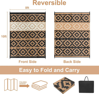 Outdoor Rugs 8x10 for Patios Clearance, Reversible Plastic Straw Outside Rug, Large Outdoor Area Rug RV Camping Mat for Deck, Backyard, Picnic, Beach, Trailer(Black&Brown, 8‘x10')