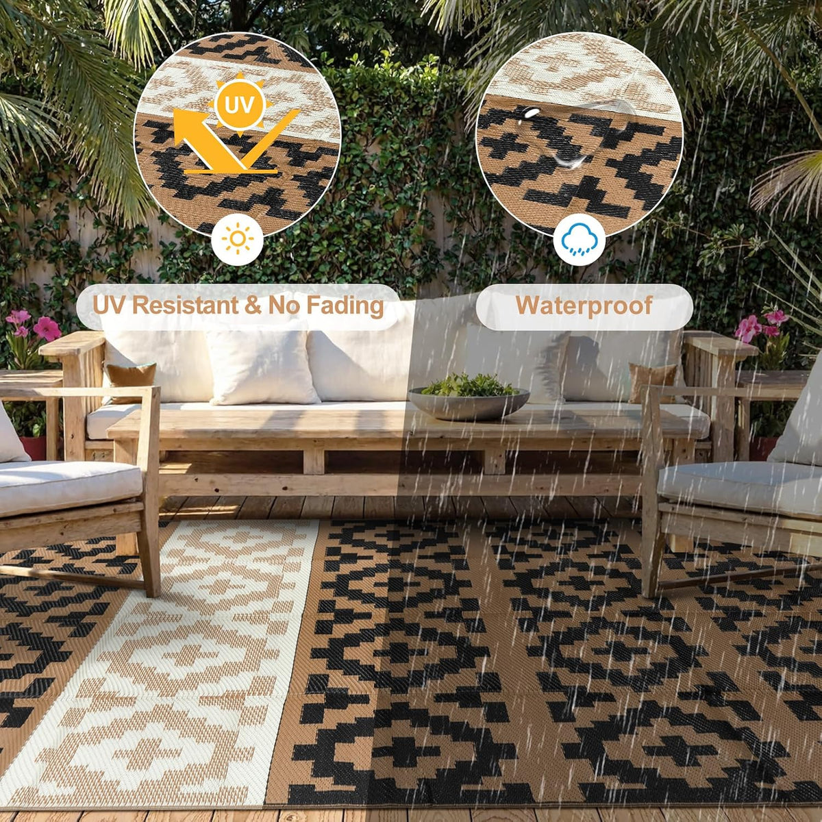 Outdoor Rugs 8x10 for Patios Clearance, Reversible Plastic Straw Outside Rug, Large Outdoor Area Rug RV Camping Mat for Deck, Backyard, Picnic, Beach, Trailer(Black&Brown, 8‘x10')